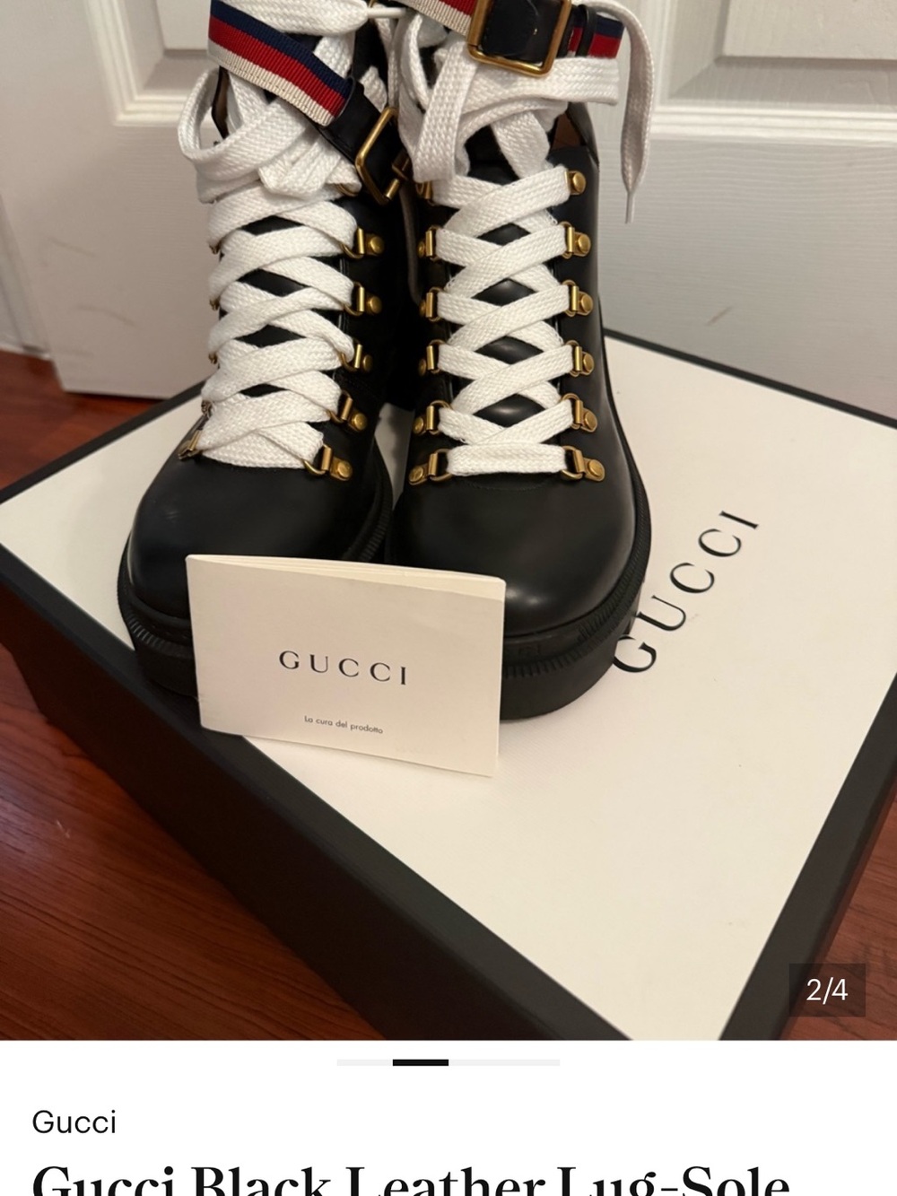 Gucci Black Leather Boots with White Laces and Red-Blue Web